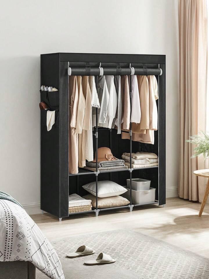 SONGMICS Clothes Wardrobe, Portable Fabric Closet, with 3 Hanging Rails, Shelves, 4 Side Pockets, 45 x 130 x 167 cm, Spacious for Bedroom, Living Room, Black/Grey